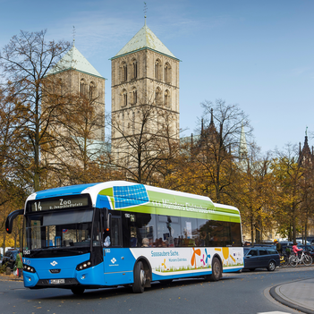 Die Buslinie 14 fährt am Domplatz in Münster vorbei.