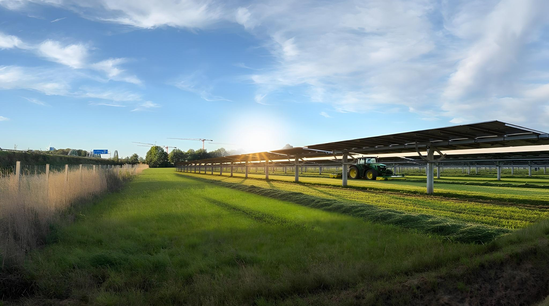 Traktor fährt über Feld, auf dem Agri-Photovoltaikanlage steht