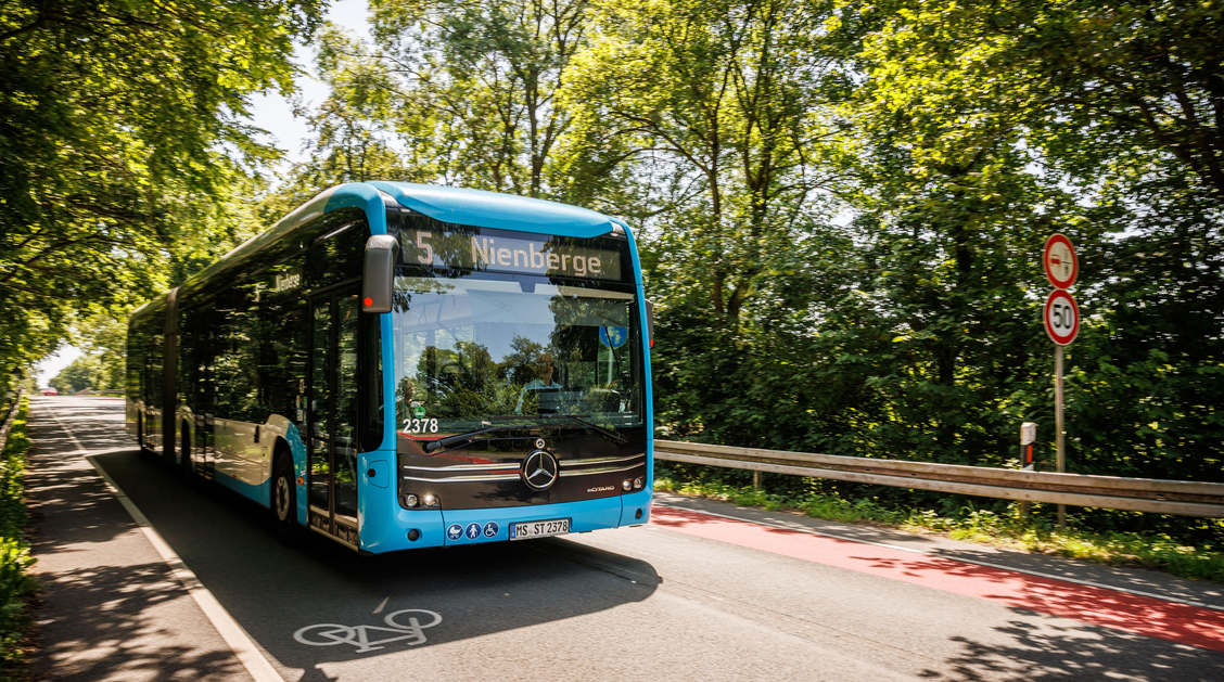 Ein Elektrobus der Stadtwerke auf der Linie 5 mit dem Ziel "Nienberge"