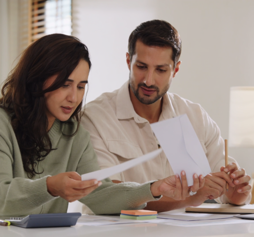 Ein Ehepaar welches Rechnungen in der Hand hält.