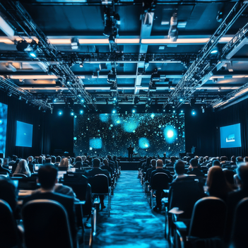 Viele Menschen sitzen in einem großen Saal und verfolgen eine Veranstaltung.