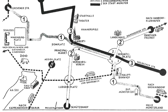 Karte des Münsteraner Liniennetzes aus dem Jahr ca. 1930