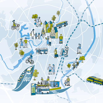 Abstarkte Grafik zeigt Stadtplan von Münster mit Personen, Fahrradfahrern, Autos, Busse, Züge 