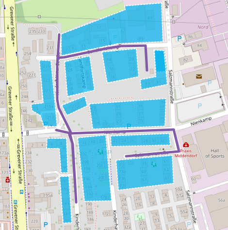 Kartenansicht des Fernwärme-Ausbaugebiet in der Kinderhauser Straße.