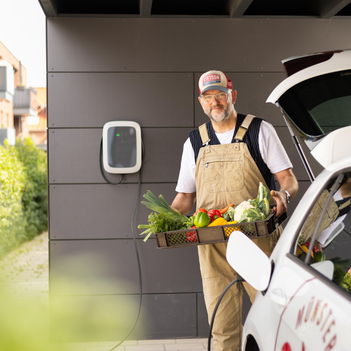 Ein Mann räumt einen Gemüsekorb aus dem Kofferraum seines Autos.