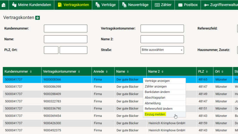 Kundenportal > Vertragskonten > Linke Maustaste auf das jeweilige Vertragskonto > Einzug melden