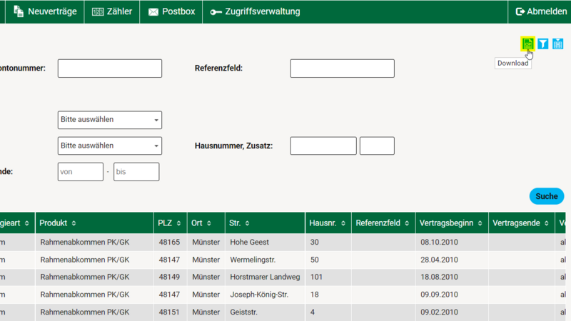 Sie können sich die Listen mit Ihren Vertragskonten und Verträgen als CSV-Datei herunterladen.