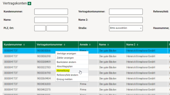 Kundenportal > Vertragskonto bzw. Vertrag > Linke Maustaste auf das jeweilige Vertragskonto bzw. Vertrag > Abmeldung