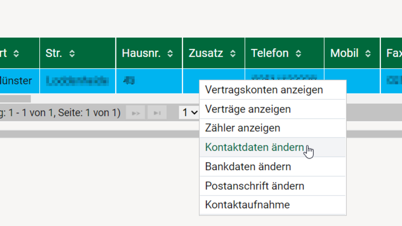 Kundenportal > Meine Kundendaten > Linke Maustaste auf Zeile mit Kundendaten > Kontaktdaten ändern