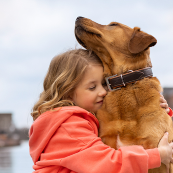 Ein junges Mädchen kuschelt mit einem Hund am Hafen in Münster.