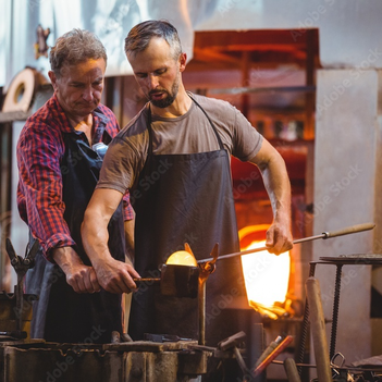 Zwei Glasbläser sind in einer Glasfabrik und stellen Glas her.