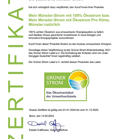 Zertifikat der Stadtwerke Münster für grünen Strom.