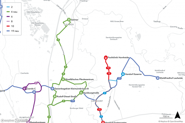 Liniennetz ab dem 12. April in Coerde, Gelmer und Handorf: So fahren die Busse zukünftig an Werktagen (Karte: Mapbox, OpenStreetMap)