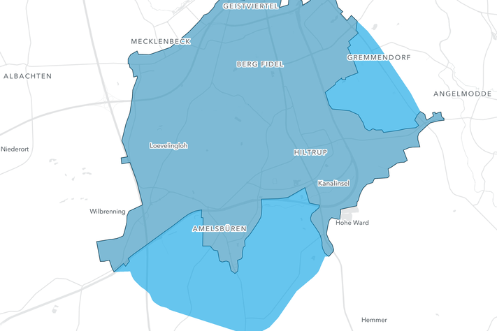 LOOPmünster fährt nun auch in der Davert. Das Betriebsgebiet wächst dadurch um rund 17 km² (hellblau).